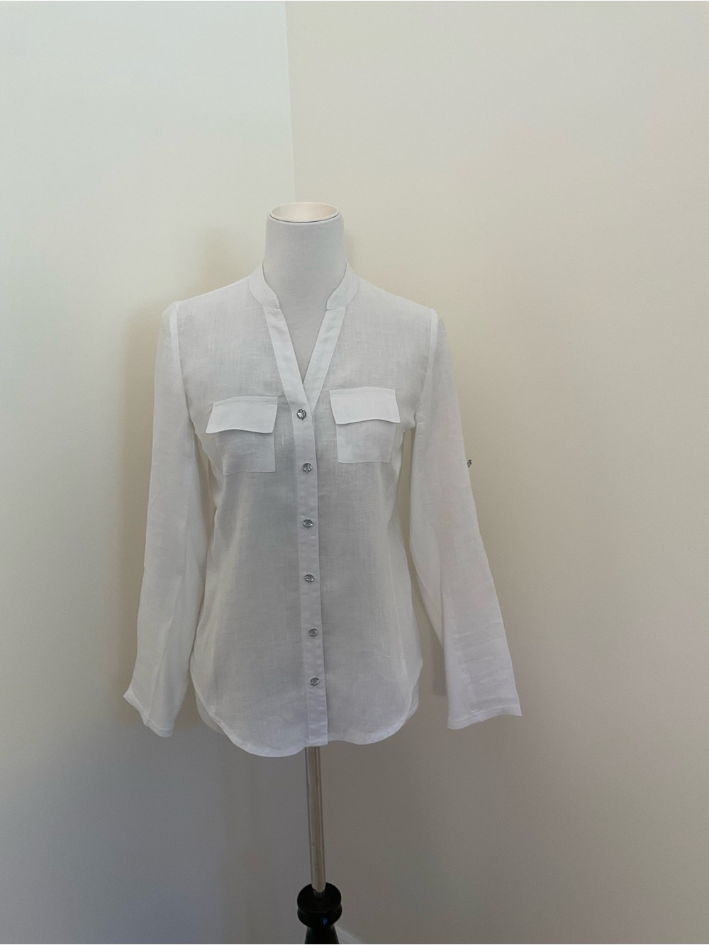 INC International Concepts White Collarless Linen-Blend Button Front Shirt